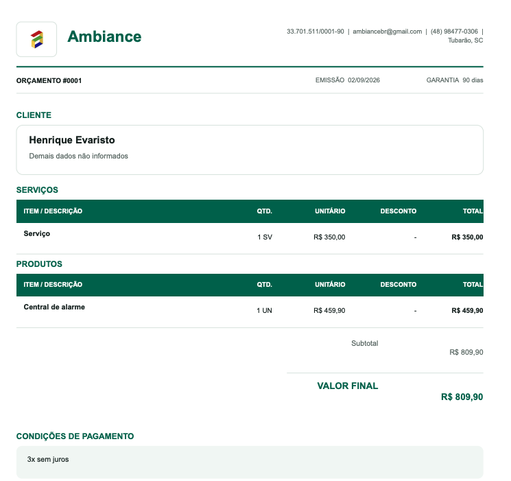 PDF de orçamento do Orcei com itens, condições e valor final
