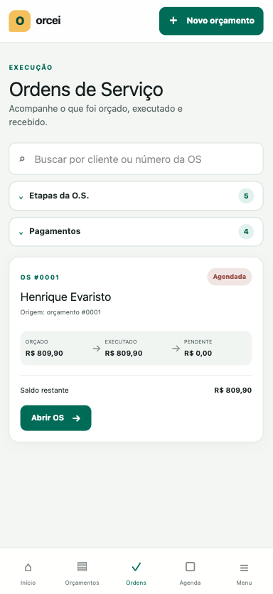 Tela do Orcei para acompanhar Ordens de Serviço e saldo restante